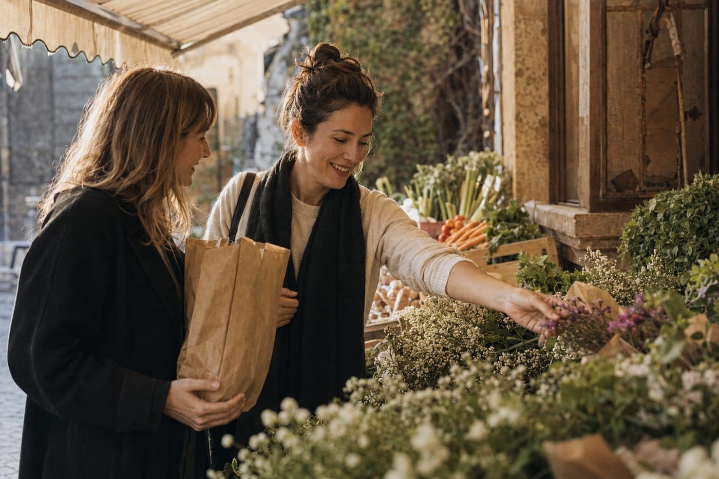 Two women choosing flowers at a market stall, one holding a paper bag.