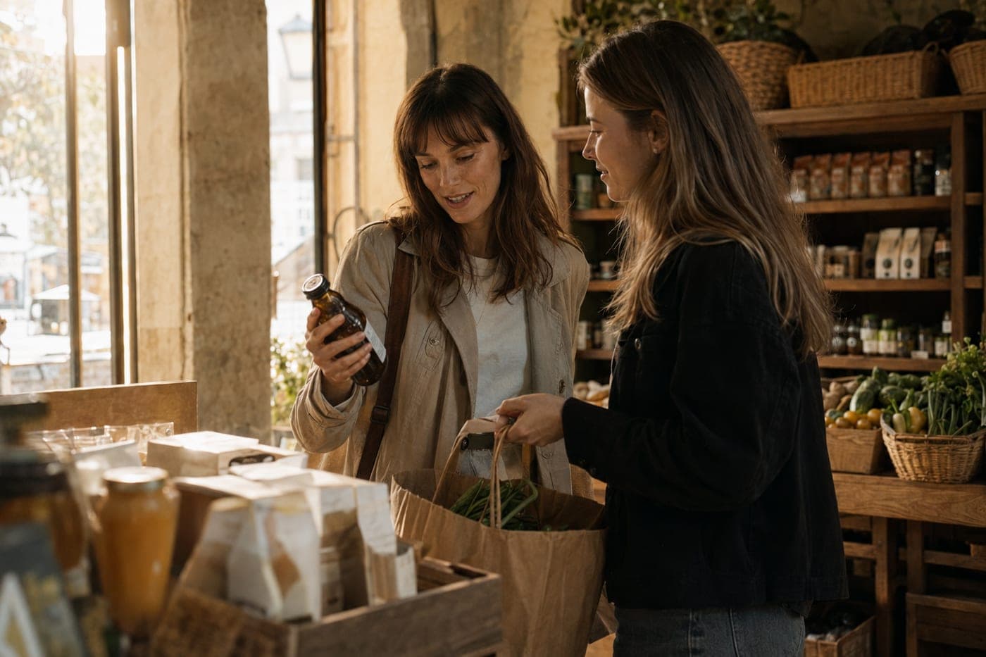 Two women in a small grocery shop, one showing the other something on her phone.