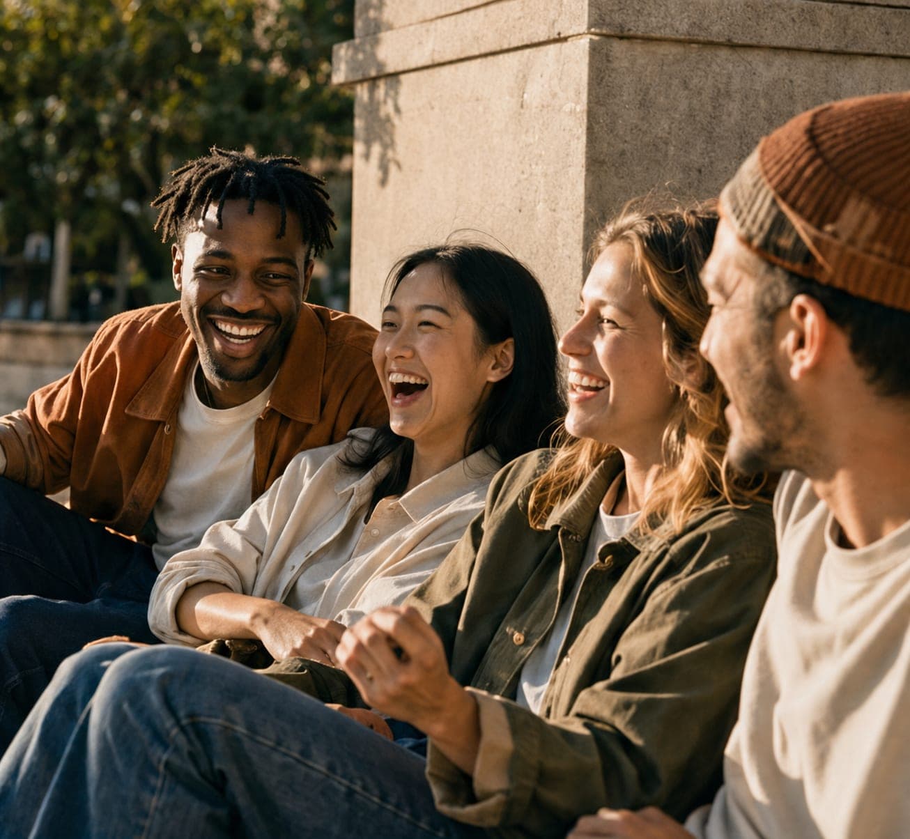 Four friends sitting close together on a bench outdoors, laughing in warm afternoon light.
