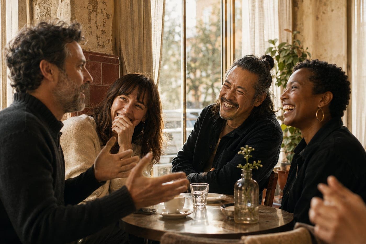 A man and a woman laughing together at a café table.