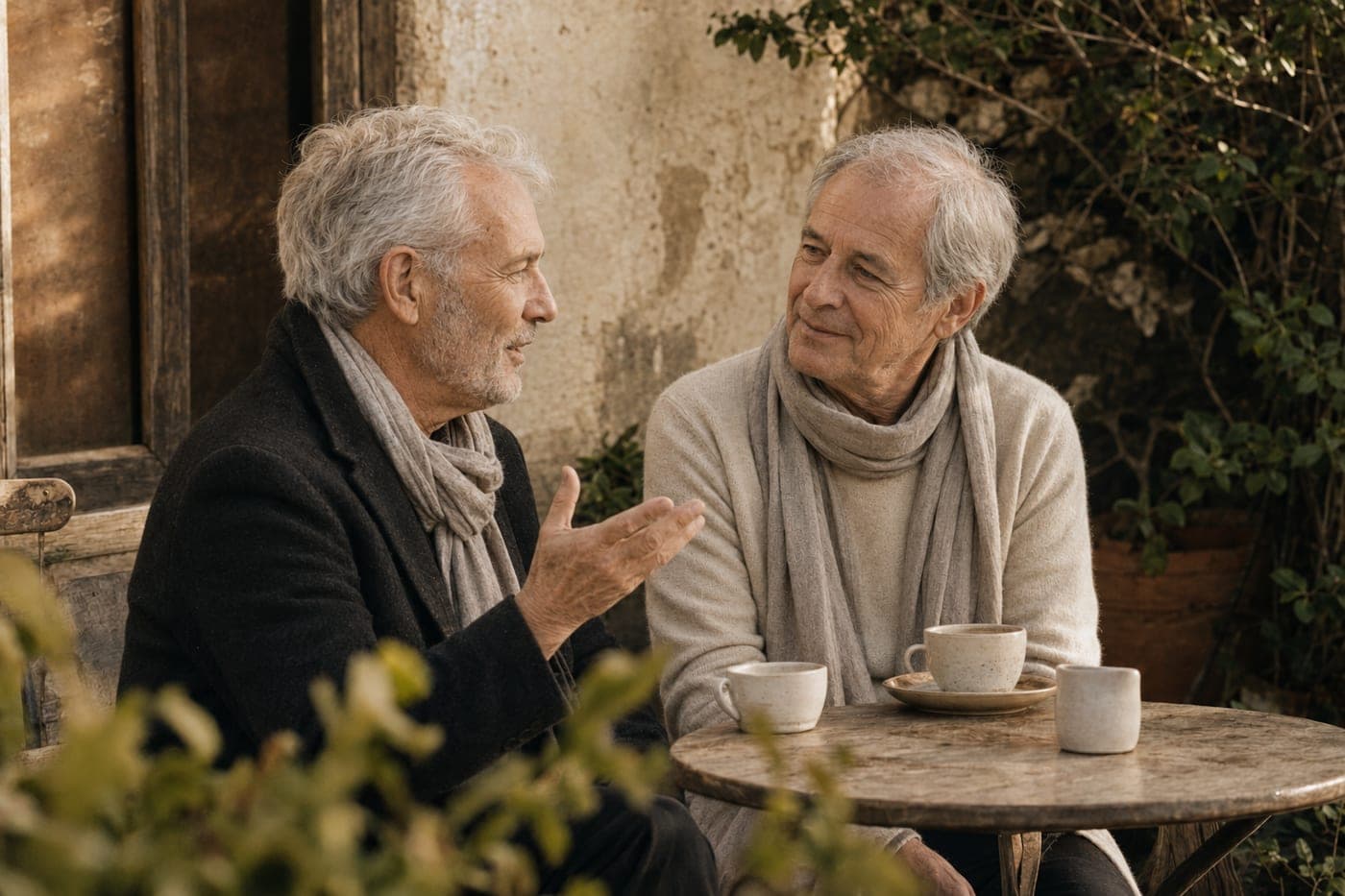 Two older men in scarves talking over coffee at an outdoor café.